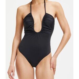 Good American Leilani Plunge One-Piece Swimsuit Halter Stretch Black 2 US M
